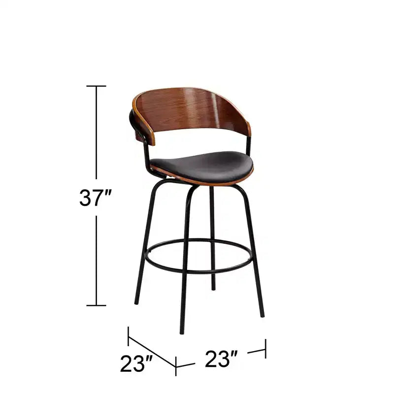 Elm Lane Larsen Black Swivel Bar Stool 26 High Mid Century Modern Faux Leather Cushion with Walnut Backrest Footrest for Kitchen Counter Height Home