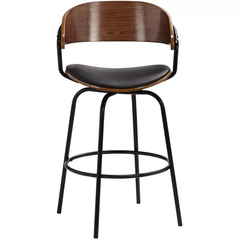 Elm Lane Larsen Black Swivel Bar Stool 26 High Mid Century Modern Faux Leather Cushion with Walnut Backrest Footrest for Kitchen Counter Height Home