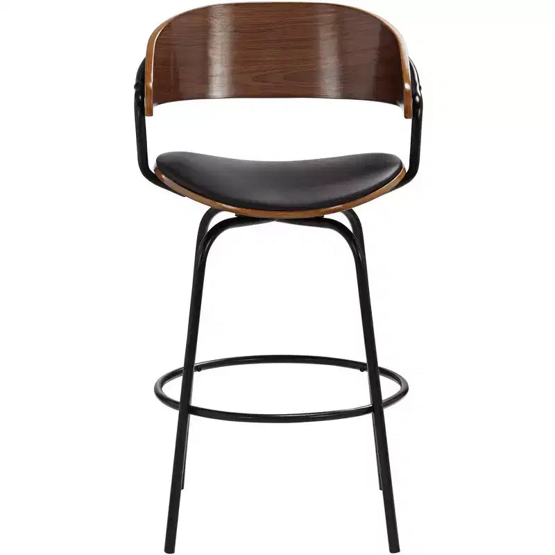 Elm Lane Larsen Black Swivel Bar Stool 26 High Mid Century Modern Faux Leather Cushion with Walnut Backrest Footrest for Kitchen Counter Height Home