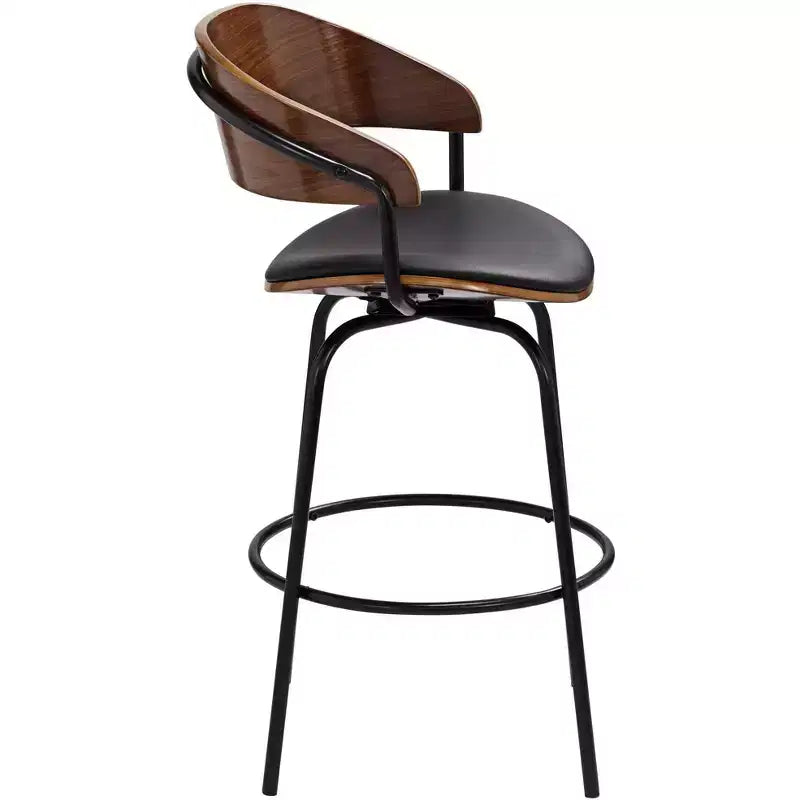 Elm Lane Larsen Black Swivel Bar Stool 26 High Mid Century Modern Faux Leather Cushion with Walnut Backrest Footrest for Kitchen Counter Height Home