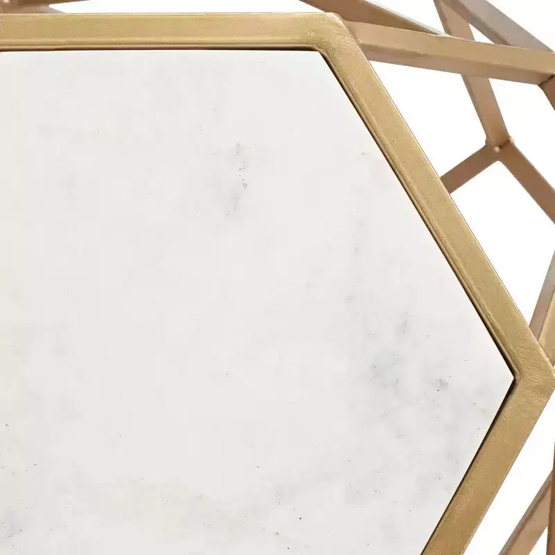 Table d'appoint hexagonale moderne en métal doré de 52 cm - Plateau en véritable marbre blanc pour salon ou chambre à coucher