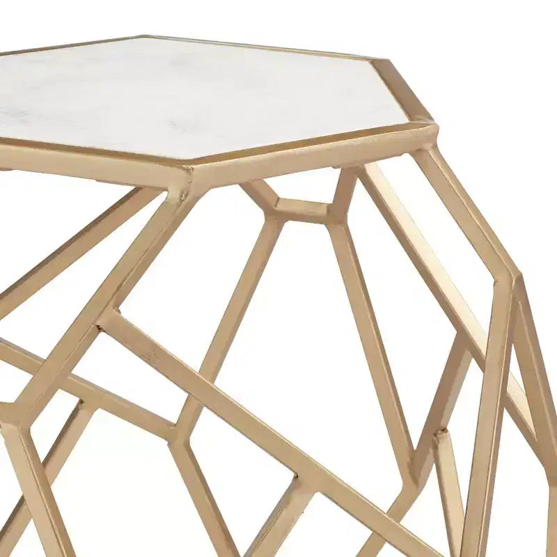 Table d'appoint hexagonale moderne en métal doré de 52 cm - Plateau en véritable marbre blanc pour salon ou chambre à coucher