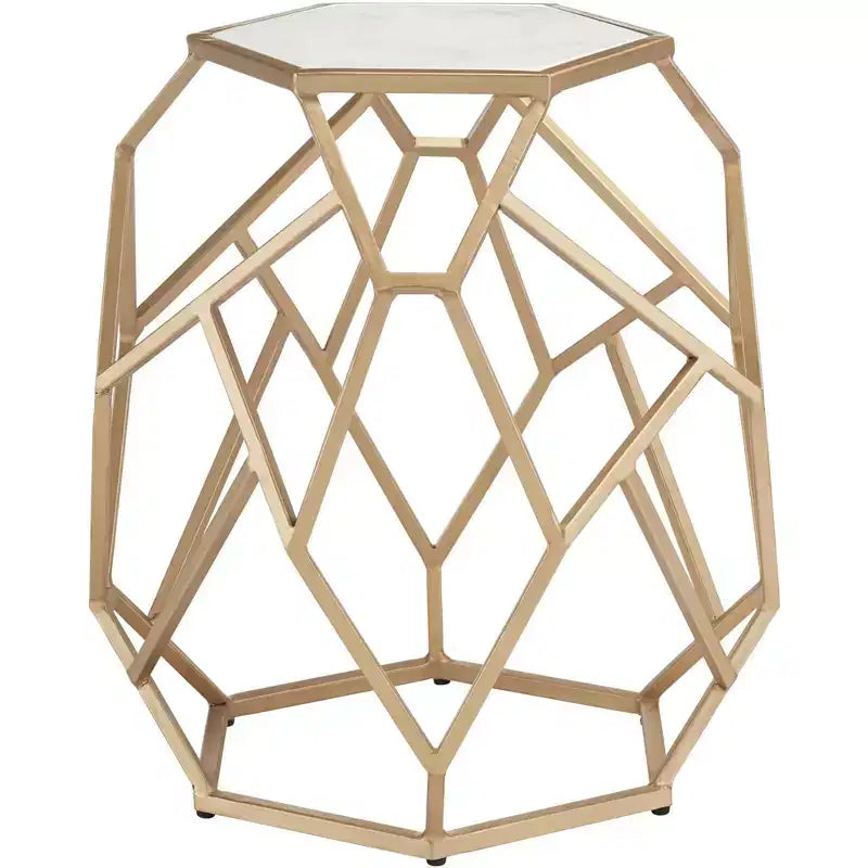 Table d'appoint hexagonale moderne en métal doré de 52 cm - Plateau en véritable marbre blanc pour salon ou chambre à coucher