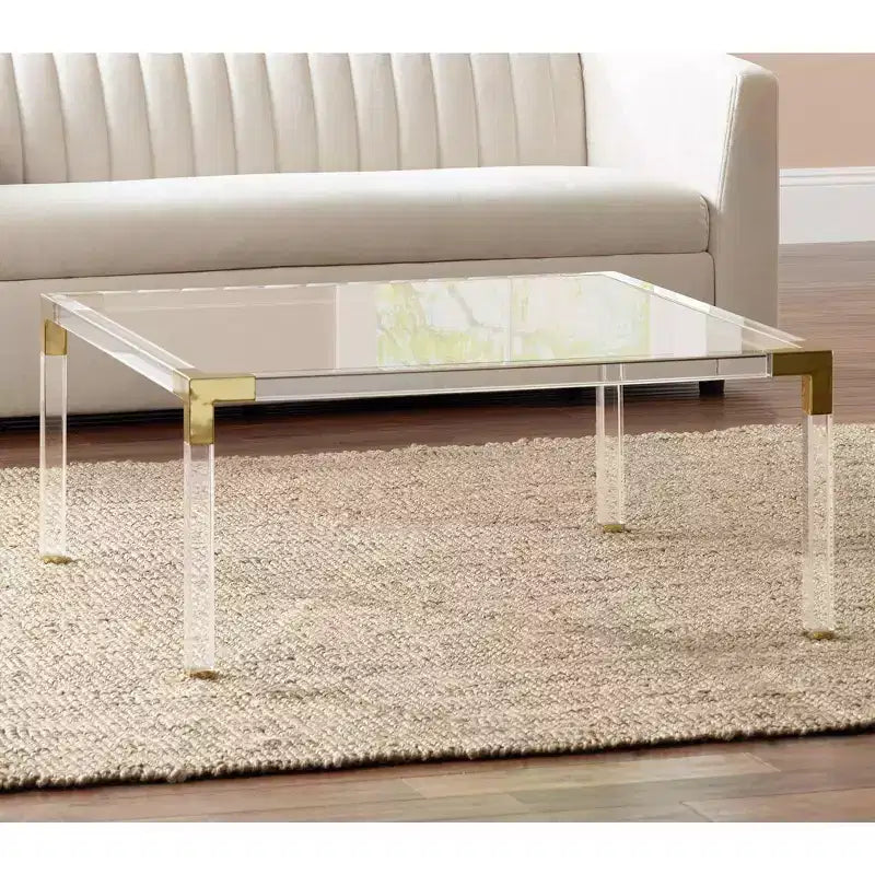 Table Basse Carrée Moderne en Acrylique Coulé 55 Downing Street Hanna, 40 po de Large, Plateau en Verre Trempé Doré Transparent, pour Salon, Chambre, Chevet, Entrée