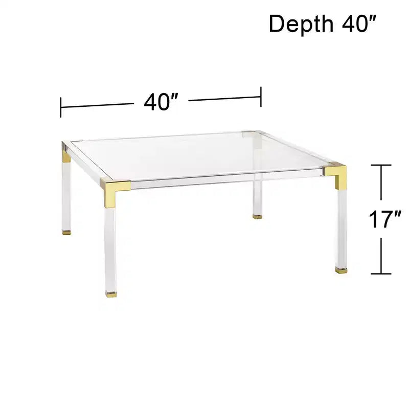 Table Basse Carrée Moderne en Acrylique Coulé 55 Downing Street Hanna, 40 po de Large, Plateau en Verre Trempé Doré Transparent, pour Salon, Chambre, Chevet, Entrée
