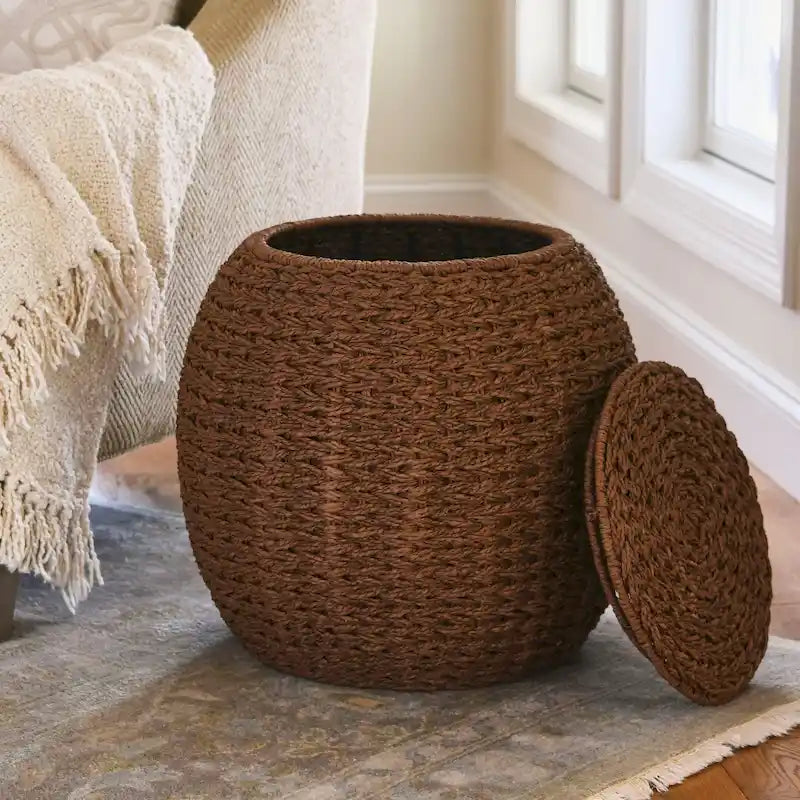 Household Essentials Handwoven Barrel Wicker Storage Basket Side Table - 17.0L x 17.0W x 19.0H