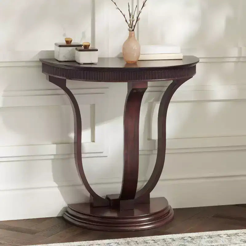 55 Downing Street Farmhouse Rustic Vintage Oak Wood Half Round Console Table 31 x 17 1/4 Dark Brown Curved Legs for Living Room Bedroom Bedside