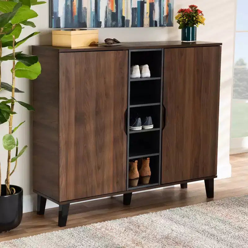 2 Door Idina Mid-Century Wood Shoe Cabinet - Baxton Studio