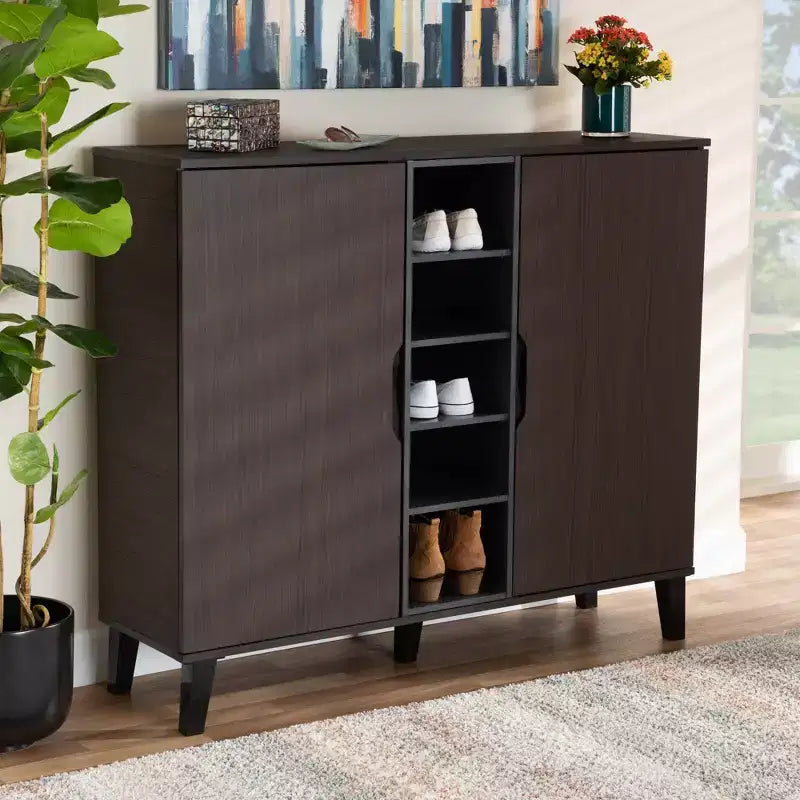2 Door Idina Mid-Century Wood Shoe Cabinet - Baxton Studio
