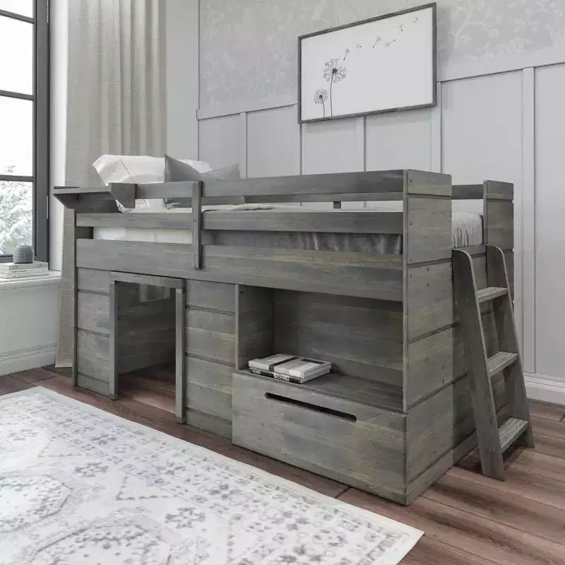 Max & Lily Modern Farmhouse Low Loft Bed with Storage Drawer, Solid Wood Bed for Kids