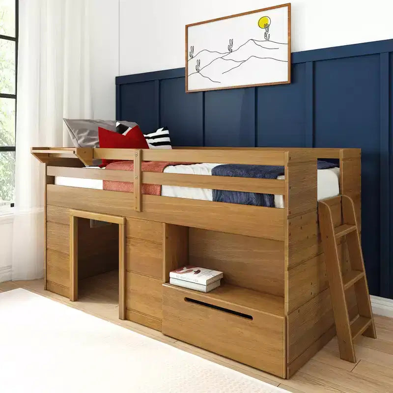 Max & Lily Modern Farmhouse Low Loft Bed with Storage Drawer, Solid Wood Bed for Kids