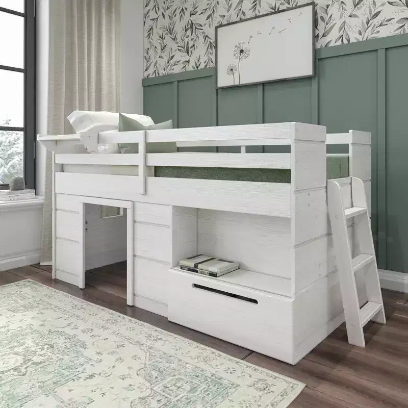 Max & Lily Modern Farmhouse Low Loft Bed with Storage Drawer, Solid Wood Bed for Kids