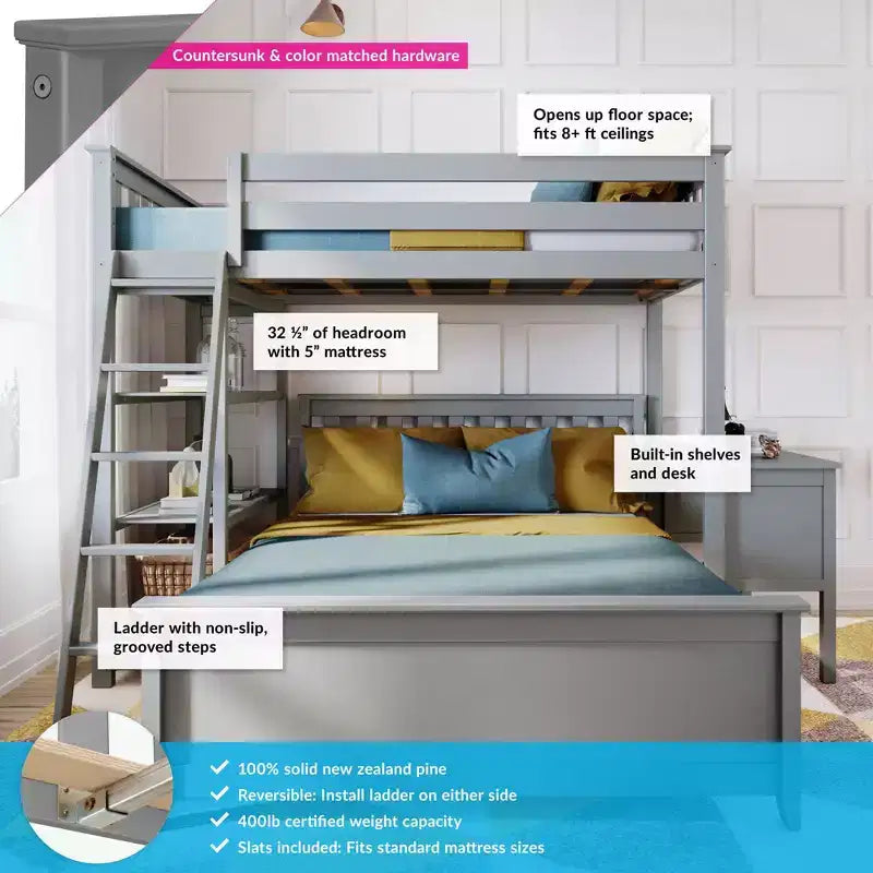 Max & Lily L-Shaped Twin over Full Bunk Bed with Bookcase and Desk