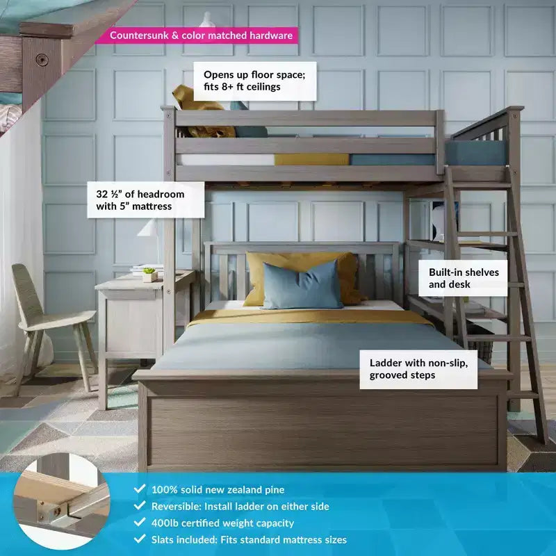 Max & Lily L-Shaped Twin over Full Bunk Bed with Bookcase and Desk