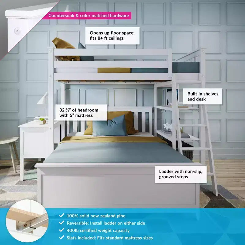 Max & Lily L-Shaped Twin over Full Bunk Bed with Bookcase and Desk