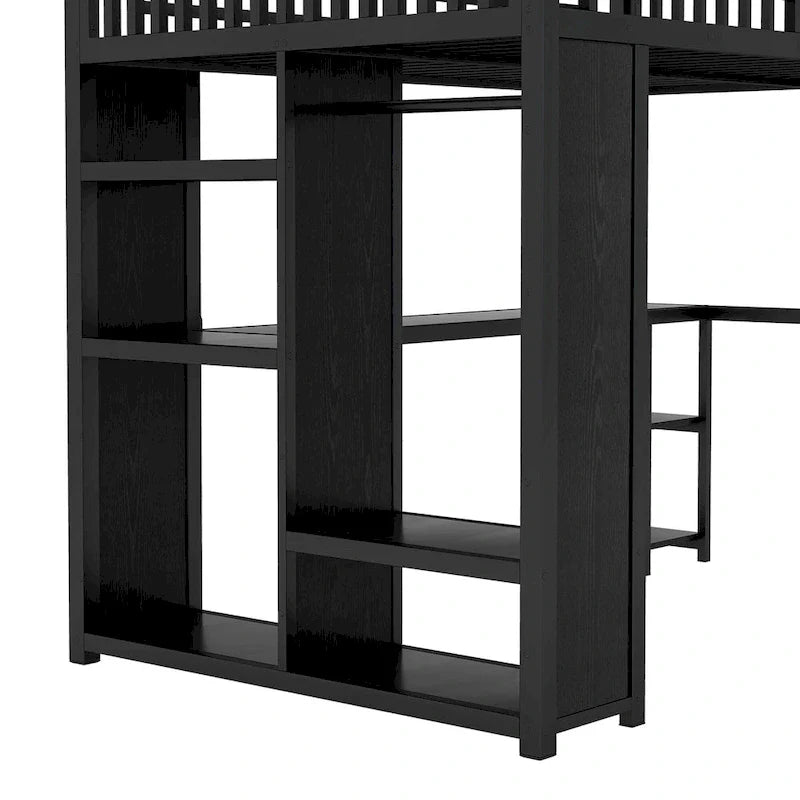 Full XL Size Loft Bed Frame with Built-in Wardrobe