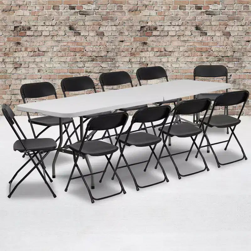 Emma et Oliver – Ensemble table pliante en plastique blanc 8 pi pour événements/formation avec 10 chaises pliantes