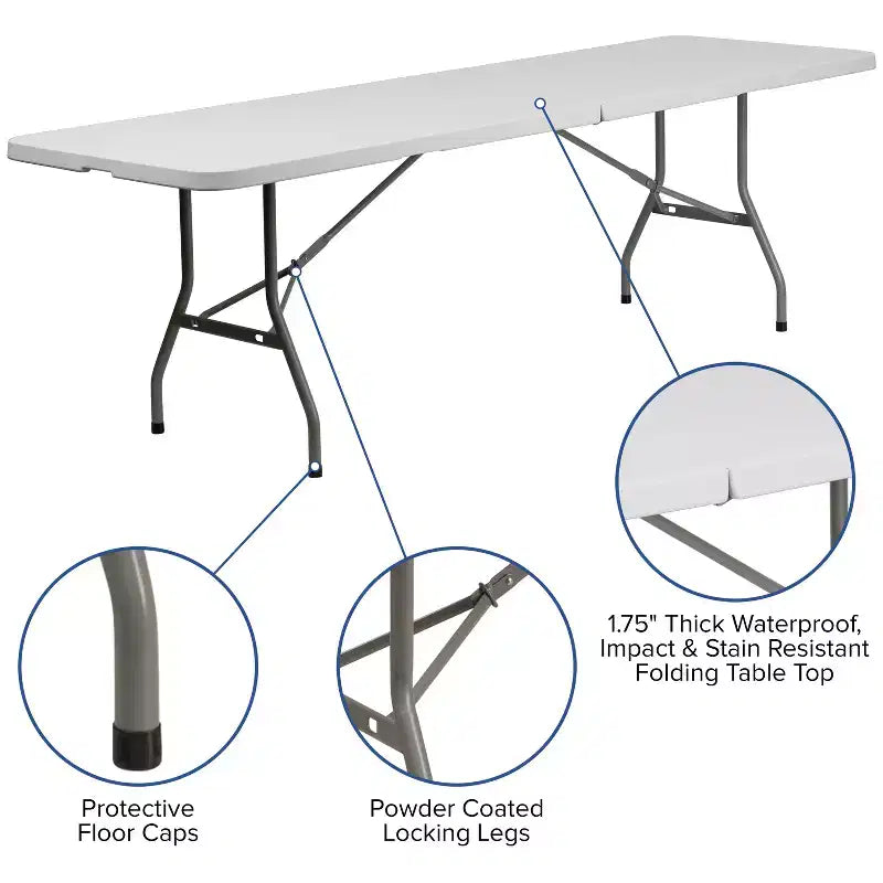 Emma et Oliver – Ensemble table pliante en plastique blanc 8 pi pour événements/formation avec 10 chaises pliantes