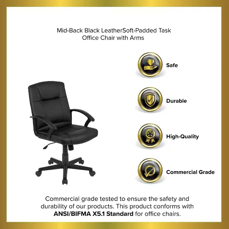 Emma and Oliver Mid-Back Black LeatherSoft-Padded Task Office Chair with Arms