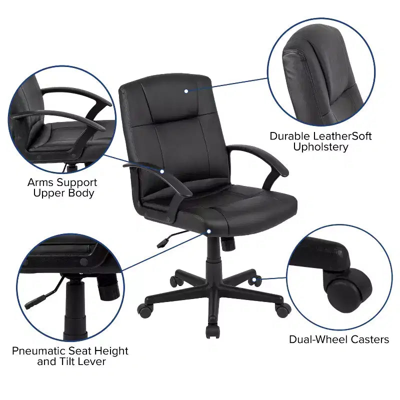 Emma and Oliver Mid-Back Black LeatherSoft-Padded Task Office Chair with Arms