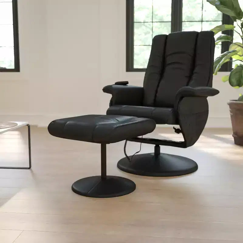 Ensemble fauteuil inclinable et ottoman Emma et Oliver à contrôle thermique et massant en similicuir noir