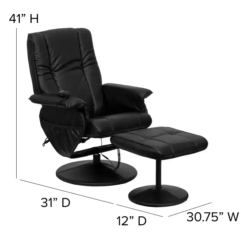 Ensemble fauteuil inclinable et ottoman Emma et Oliver à contrôle thermique et massant en similicuir noir