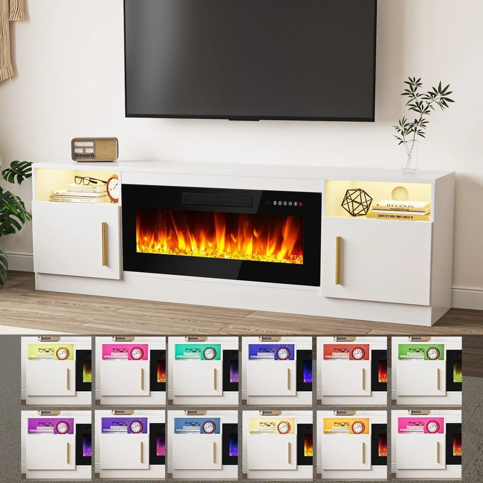 Meuble TV cheminée Bossin 70 avec cheminée électrique 36, meuble TV pour téléviseurs jusqu'à 80 pouces, lumières LED 16 couleurs/centre de divertissement