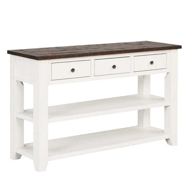 Console en bois avec 3 tiroirs de rangement et 2 étagères