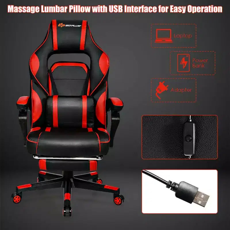 Costway Massage Gaming Chair Reclining Racing Computer Office Chair with Footrest White\ Black\Blue\Red