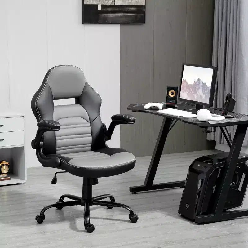 Chaise de bureau Vinsetto ergonomique pour gamer, style baquet, en simili cuir PU, inclinable, avec roulettes pivotantes, Noir / Gris