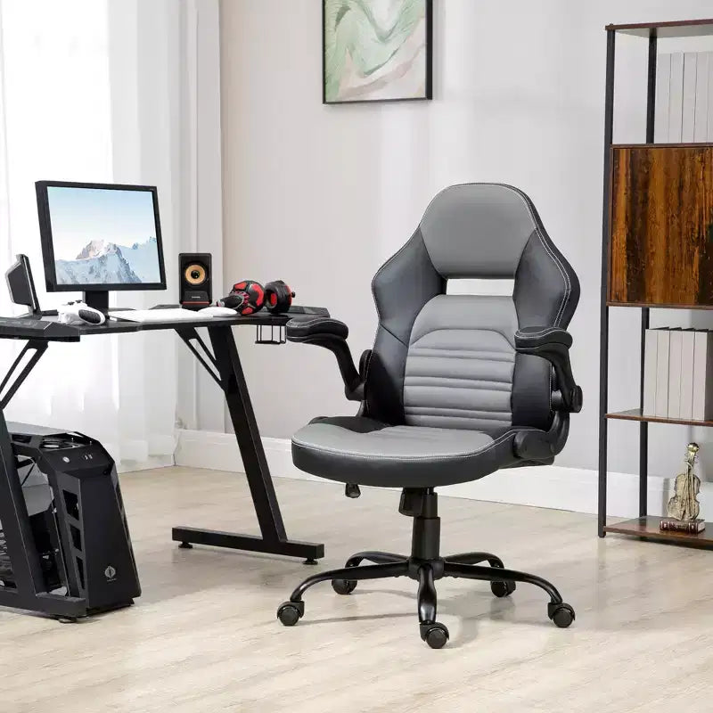 Chaise de bureau Vinsetto ergonomique pour gamer, style baquet, en simili cuir PU, inclinable, avec roulettes pivotantes, Noir / Gris