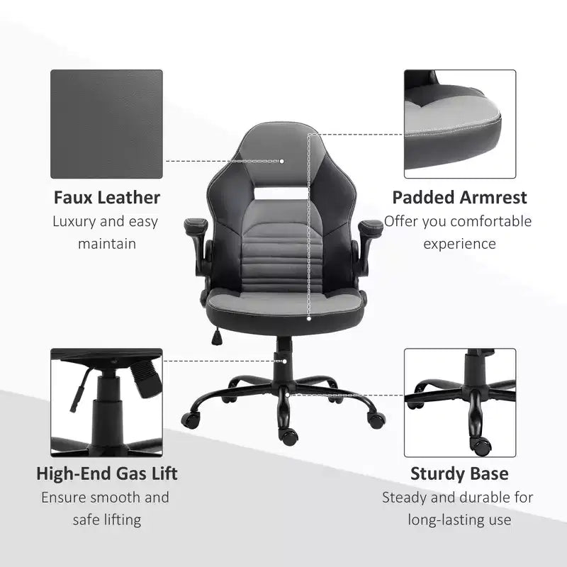 Chaise de bureau Vinsetto ergonomique pour gamer, style baquet, en simili cuir PU, inclinable, avec roulettes pivotantes, Noir / Gris