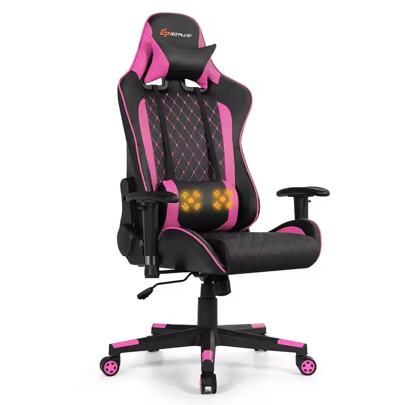 Costway Massage Gaming Chair Reclining Racing Chair w/Lumbar Support and Headrest White/Blue/Pink/Red