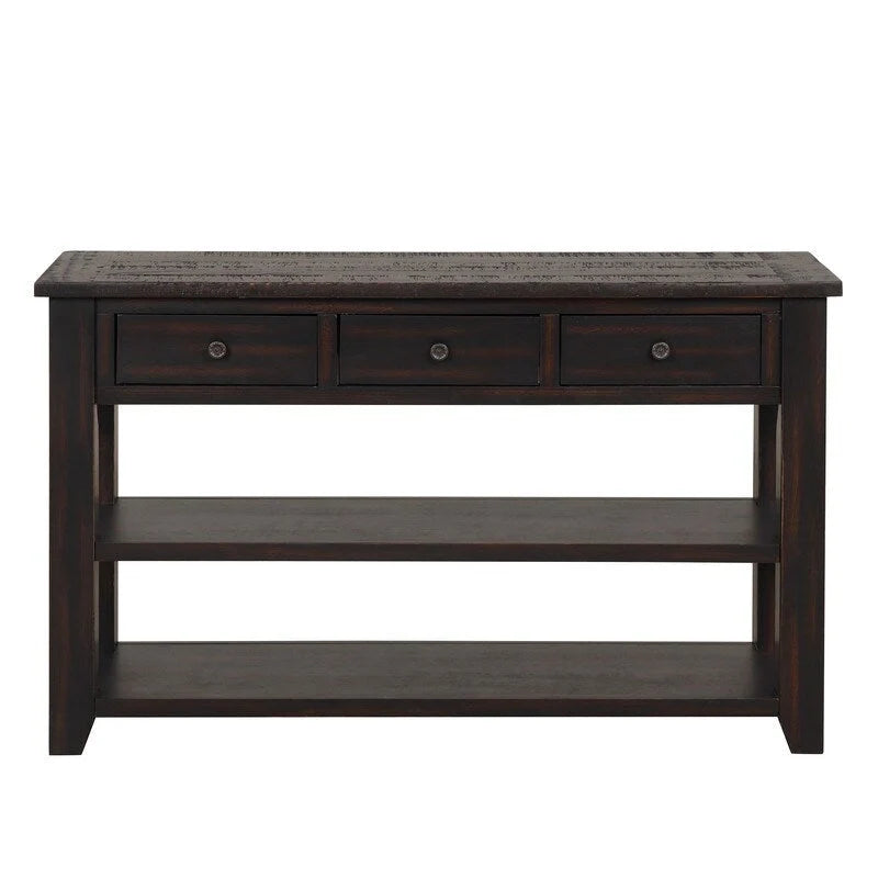 Console en bois avec 3 tiroirs de rangement et 2 étagères
