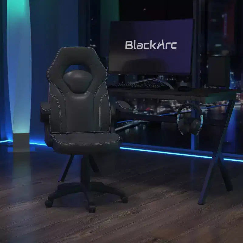 Chaise de jeu à dossier haut BlackArc en similicuir, siège pivotant réglable en hauteur et accoudoirs rembourrés relevables