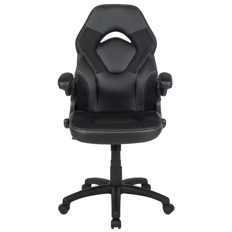 Chaise de jeu à dossier haut BlackArc en similicuir, siège pivotant réglable en hauteur et accoudoirs rembourrés relevables