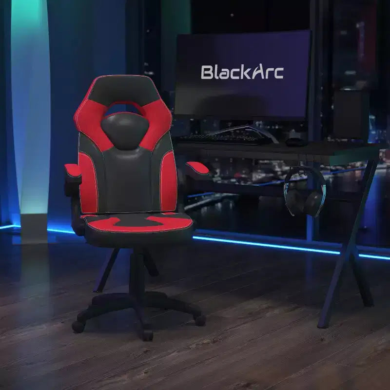 Chaise de jeu à dossier haut BlackArc en similicuir, siège pivotant réglable en hauteur et accoudoirs rembourrés relevables