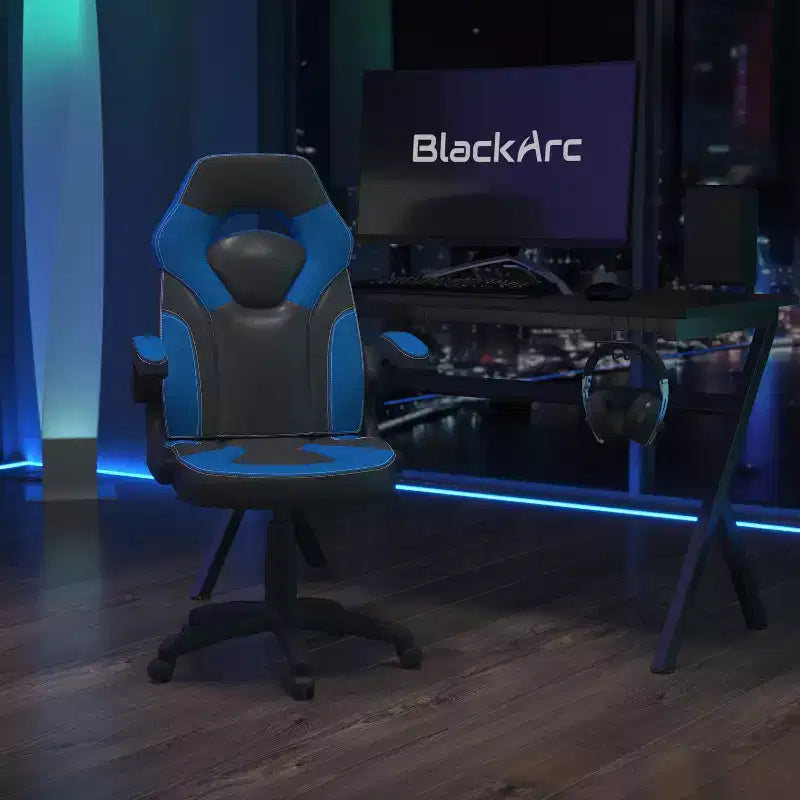 Chaise de jeu à dossier haut BlackArc en similicuir, siège pivotant réglable en hauteur et accoudoirs rembourrés relevables