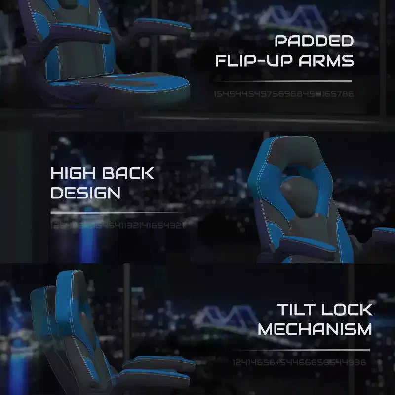 Chaise de jeu à dossier haut BlackArc en similicuir, siège pivotant réglable en hauteur et accoudoirs rembourrés relevables