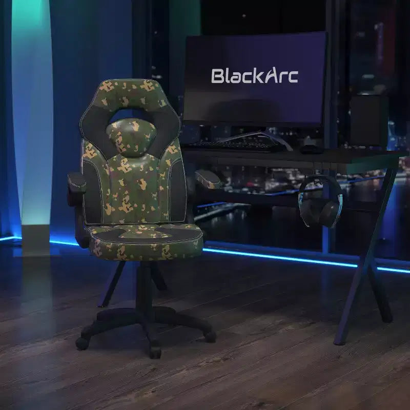 Chaise de jeu à dossier haut BlackArc en similicuir, siège pivotant réglable en hauteur et accoudoirs rembourrés relevables