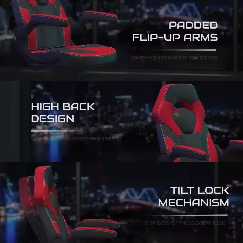 Chaise de jeu à dossier haut BlackArc en similicuir, siège pivotant réglable en hauteur et accoudoirs rembourrés relevables