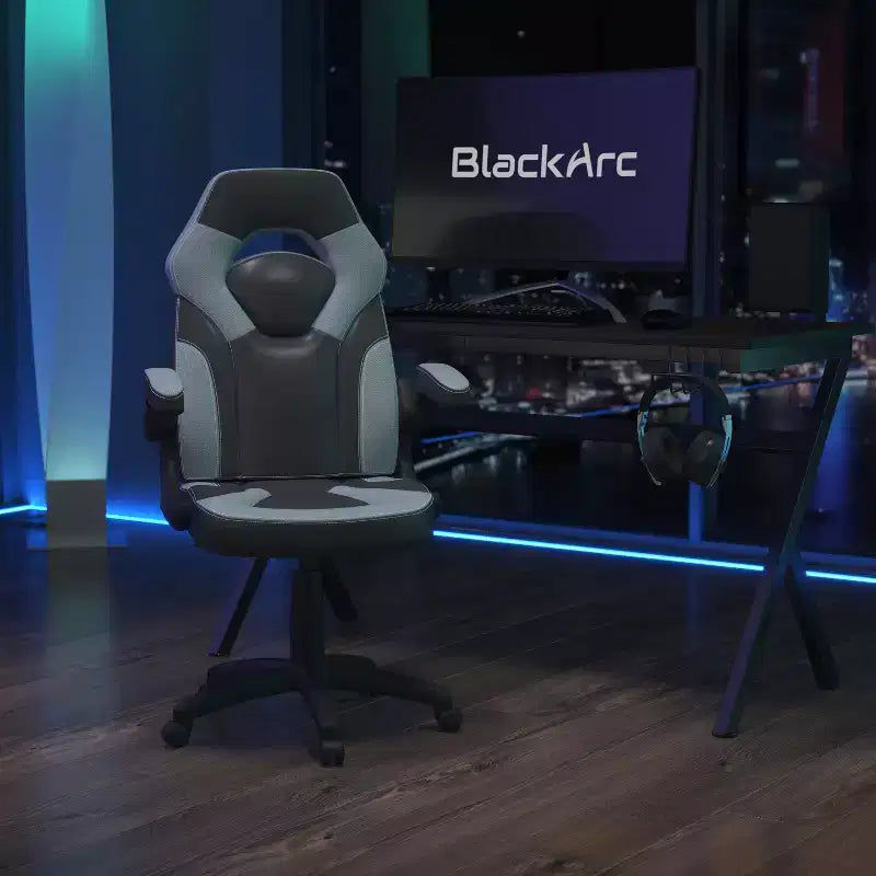 Chaise de jeu à dossier haut BlackArc en similicuir, siège pivotant réglable en hauteur et accoudoirs rembourrés relevables