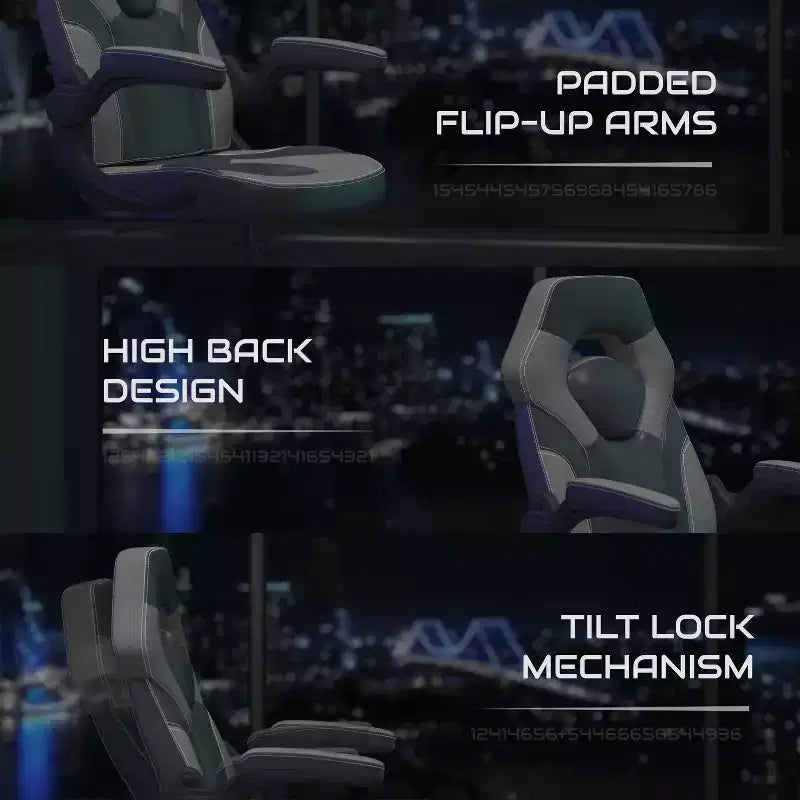 Chaise de jeu à dossier haut BlackArc en similicuir, siège pivotant réglable en hauteur et accoudoirs rembourrés relevables