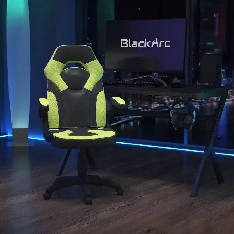Chaise de jeu à dossier haut BlackArc en similicuir, siège pivotant réglable en hauteur et accoudoirs rembourrés relevables