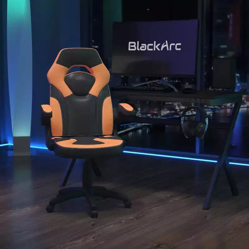 Chaise de jeu à dossier haut BlackArc en similicuir, siège pivotant réglable en hauteur et accoudoirs rembourrés relevables