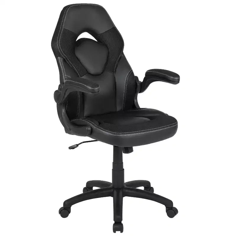 Chaise de jeu à dossier haut BlackArc en similicuir, siège pivotant réglable en hauteur et accoudoirs rembourrés relevables