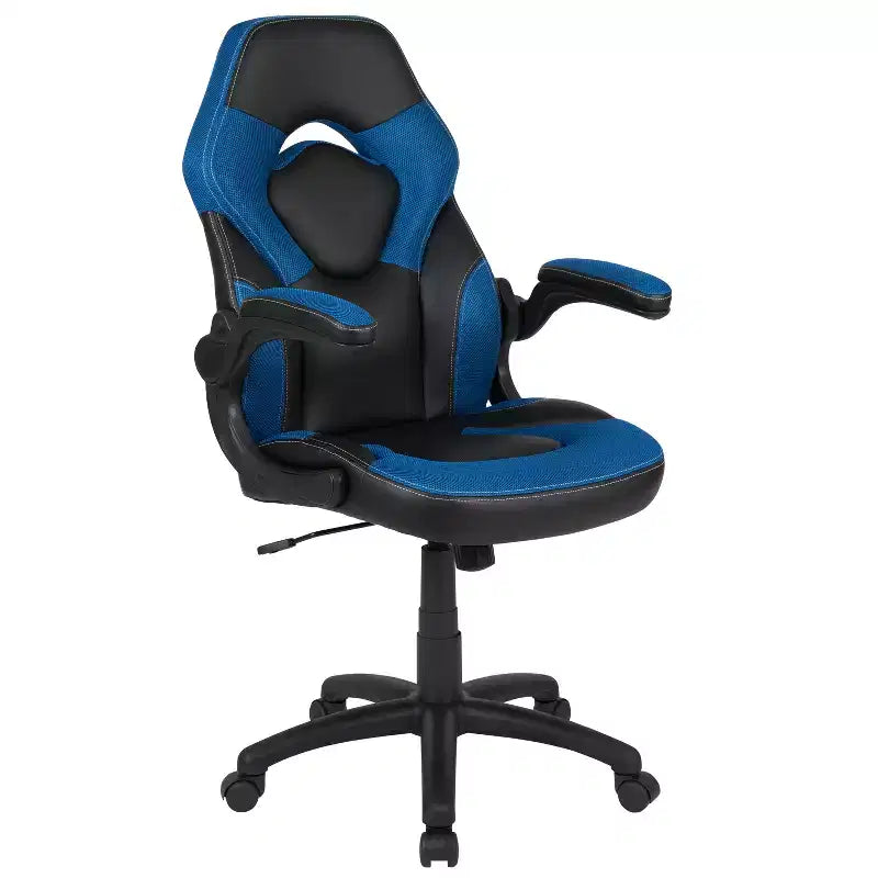 Chaise de jeu à dossier haut BlackArc en similicuir, siège pivotant réglable en hauteur et accoudoirs rembourrés relevables