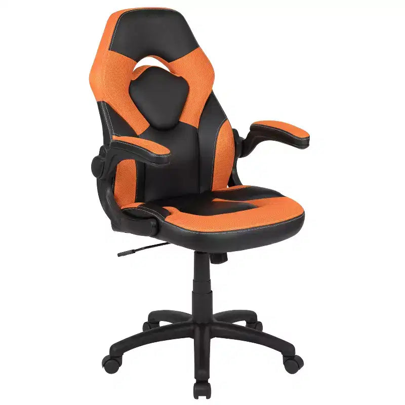 Chaise de jeu à dossier haut BlackArc en similicuir, siège pivotant réglable en hauteur et accoudoirs rembourrés relevables
