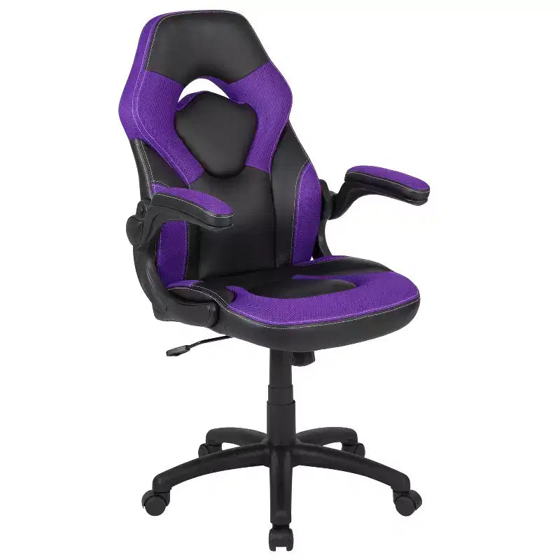 Chaise de jeu à dossier haut BlackArc en similicuir, siège pivotant réglable en hauteur et accoudoirs rembourrés relevables