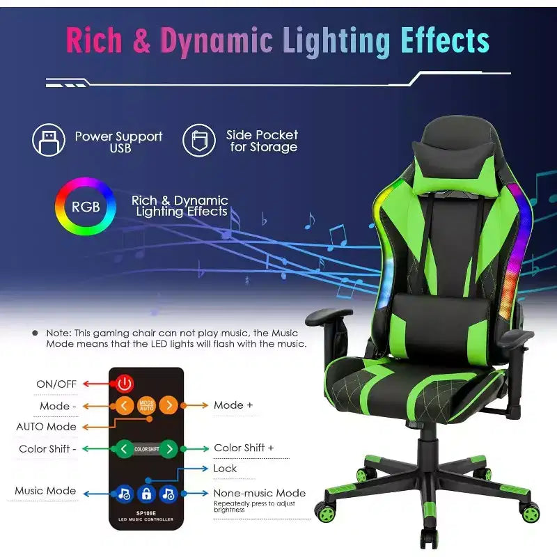Chaise de jeu Costway pivotante réglable avec lumières LED dynamiques